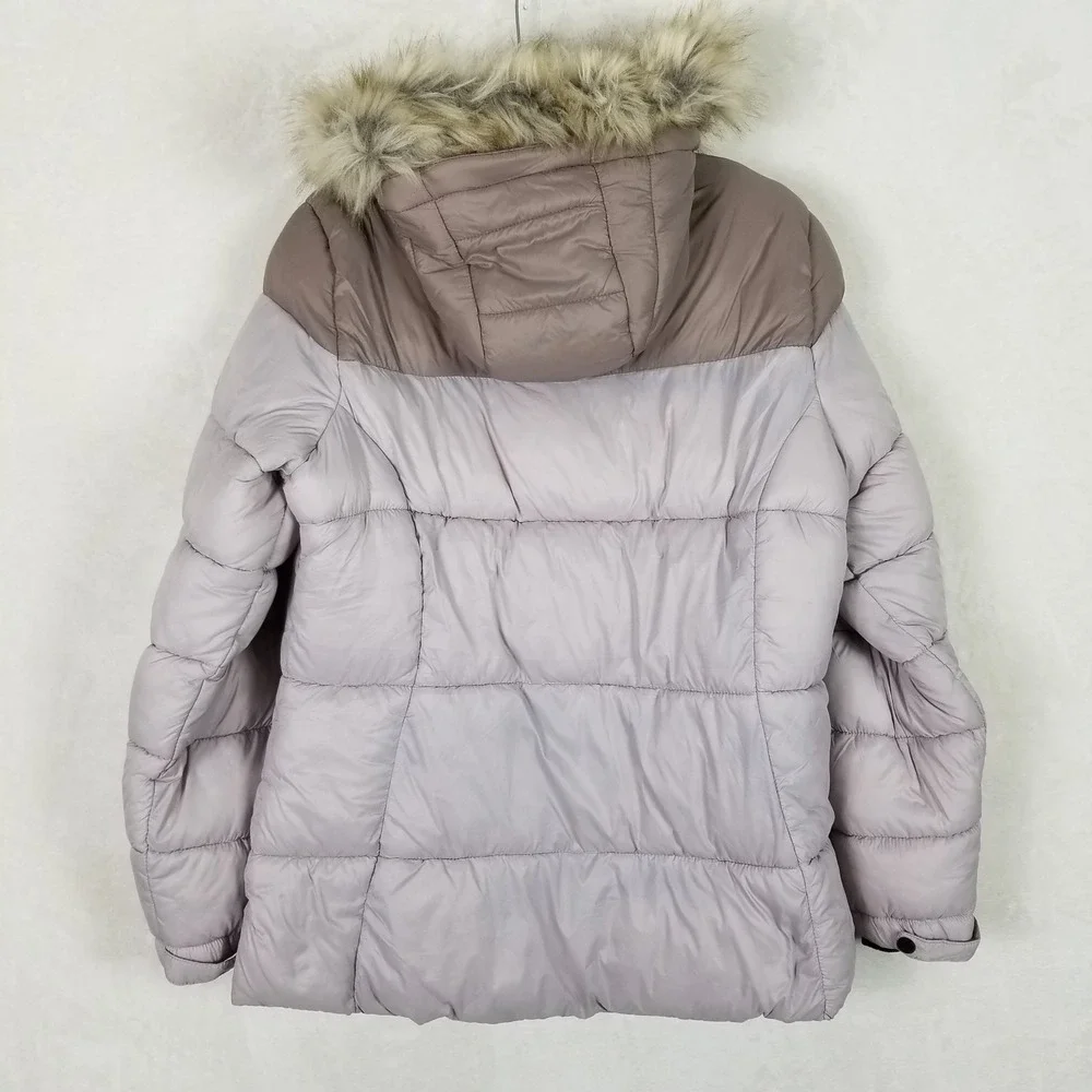 ZeroXposur Puffer Jacket Women Large Soft Taupe Faux Fur Hood Z93500 NEW